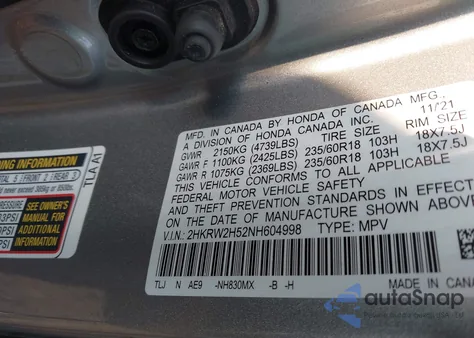 2022 Honda Cr-V Awd Ex из США, поврежденный, VIN 2HKRW2H52NH604998